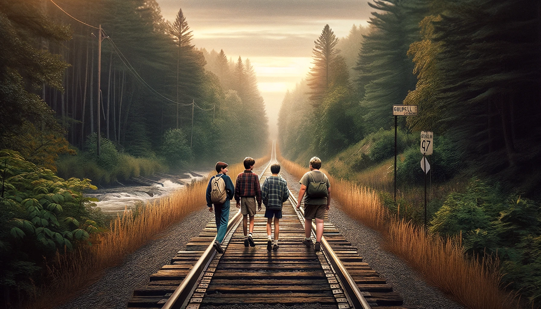 DALL·E 2024-03-02 19.57.15 - Create an image that encapsulates the essence of Stephen King's _Stand By Me_ in a single picture. The scene should depict four young boys on an adven.webp